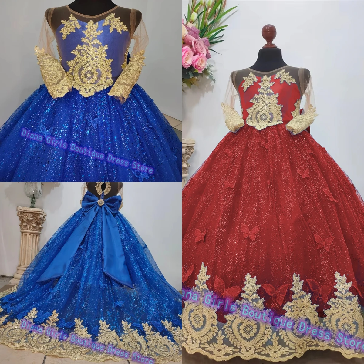 

Elegant Sleeveless Blue Flower Girl Dress Tulle Fluffy Kids Birthday Party Wedding Gold Applique Tiered Customise Evening Gowns