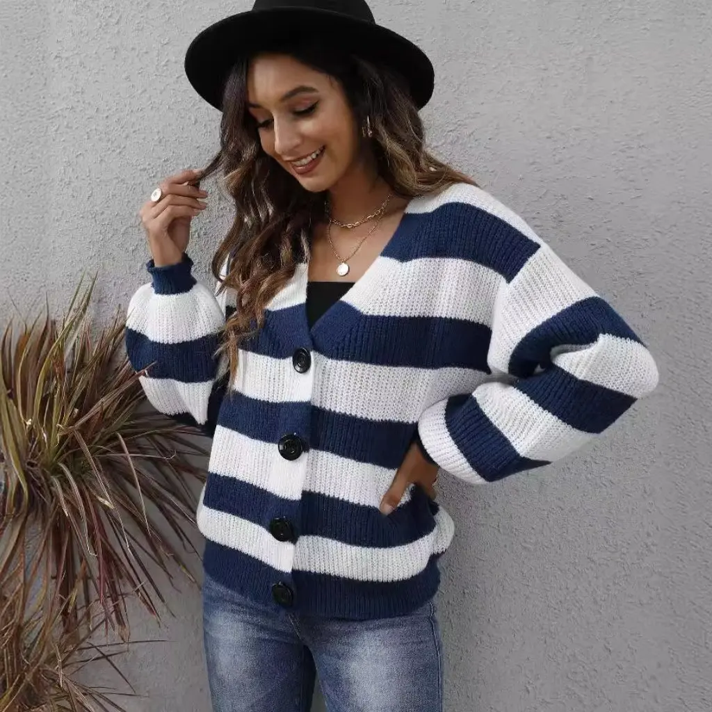 

Women's Cardigan Contrast Stripe Button Stitching Machine-Woven Sweater Jacket European American Style Autumn Winter New M607