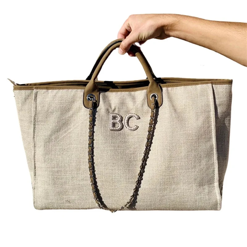 Large Luxury Beige Customized Monogram Tote Bag, Canvas Chain Beach Shopping Tote Bag, Personalized Weekend Hand Bag