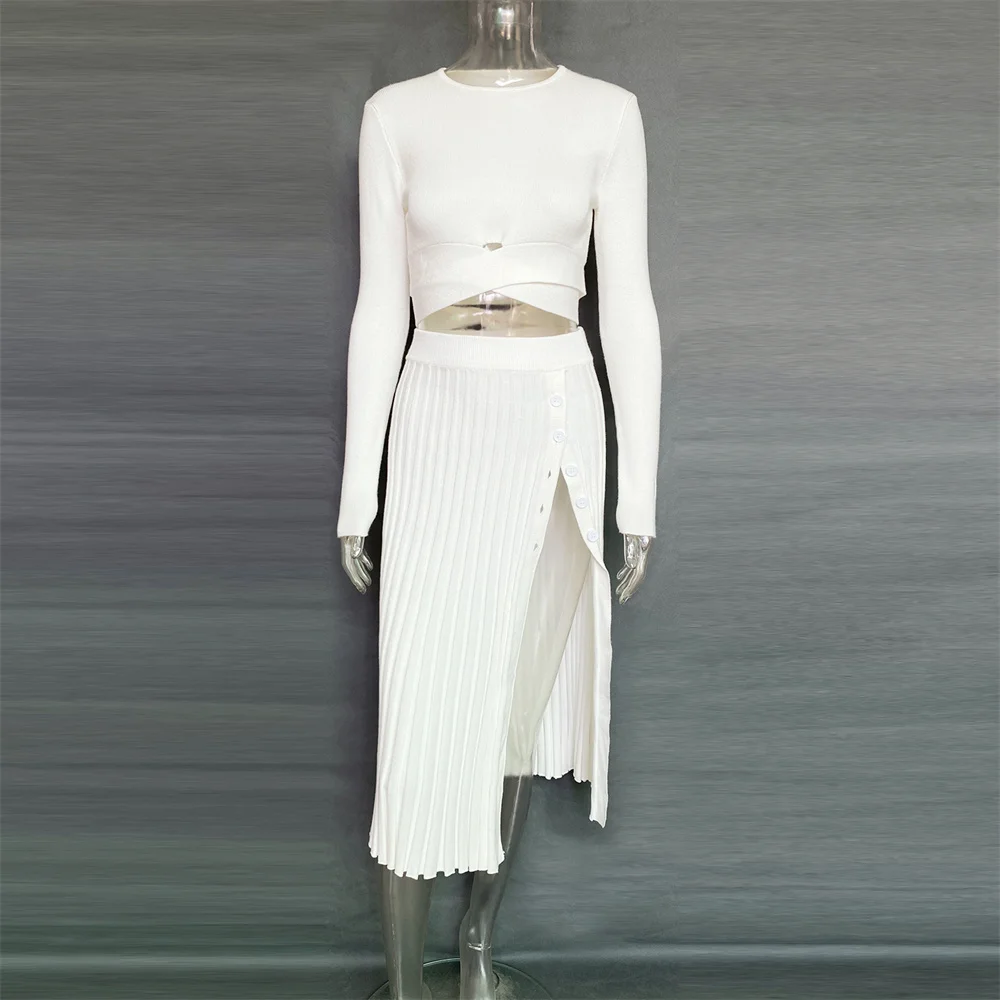 

Sexy Slit Pleated Skirt and Top Sweater Long Sleeve Cropped Bandage Korean Outfit Set Two Piece Elegant Women Trend Knitted Suit