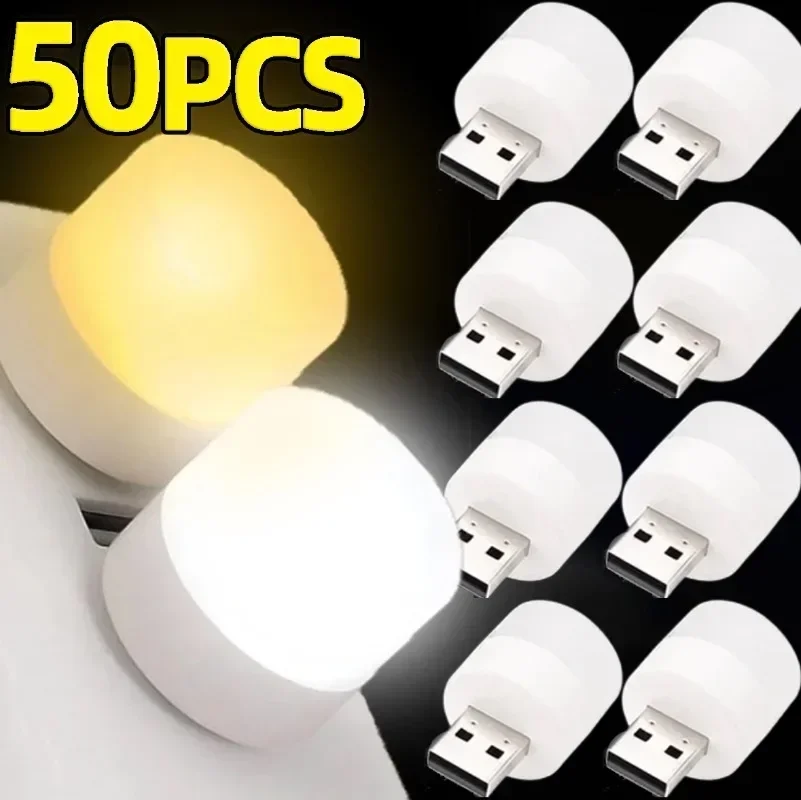 50/1PCS USB Night Light Bulbs Warm White Eye Protection Lamp LED Plug Mobile Power Lamp Power Bank Control Book Lights Wholesale