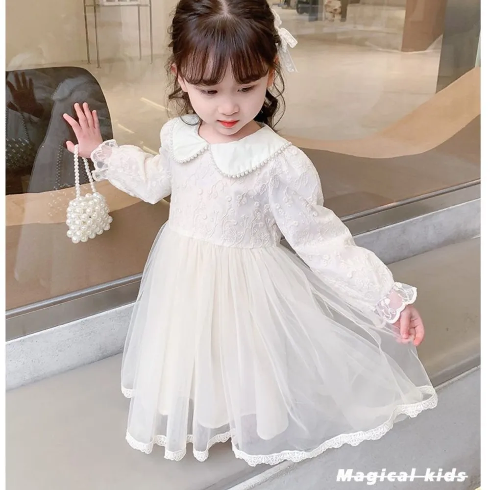 

2025 милые кружевные платья принцессы с воротником из бисера и длинными рукавами для маленьких девочек, элегантные детские весенне-осенние платья, Vestidos, одежда