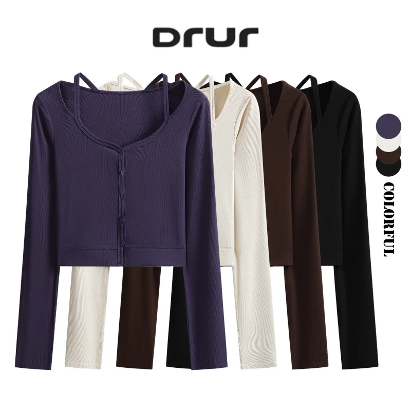 DRUR Women Yoga Crop Top and Workout Ballet Shirt With Button Strap Long Sleeve Sexy U Neck Yoga Blouse For Pilates Dance Gym