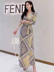 Fashion Elegant Women Maxi Dress Vintage Casual Sexy V-Neck Print Wrap Party Beach Slim Sundress Lady Robe Femme Mujer Vestidos