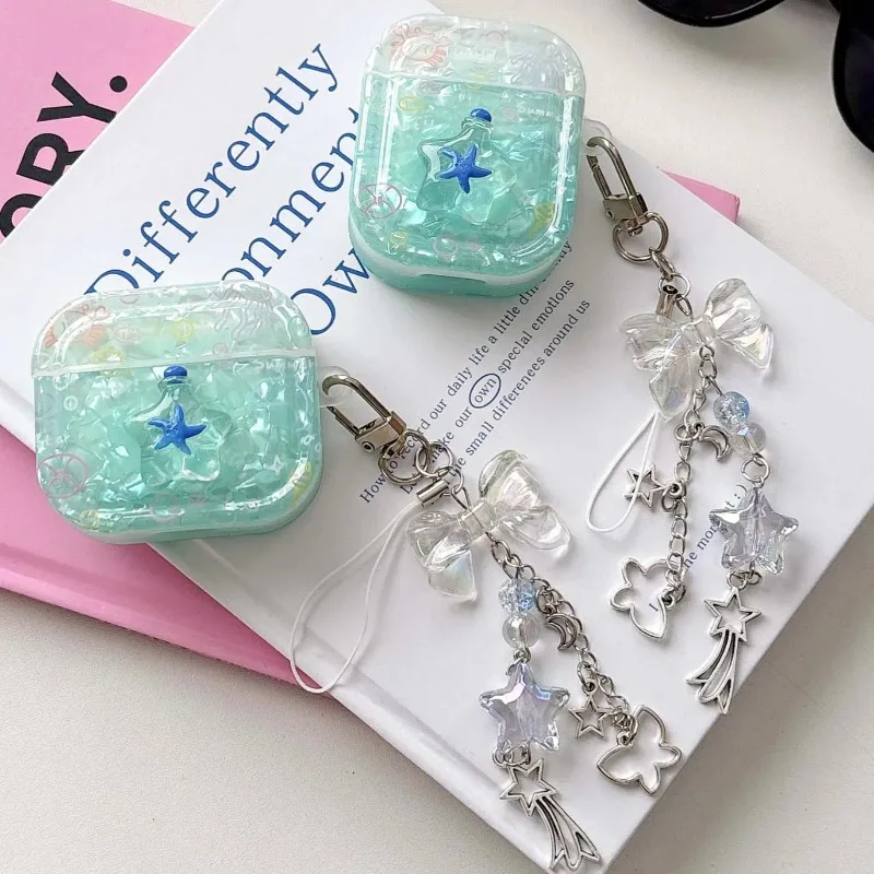 

Cases for airpods 2 3 4 pro 2nd 1 3D blue stars shiny shell crystal bow wireless bluetooth charging box earphone case Funda capa
