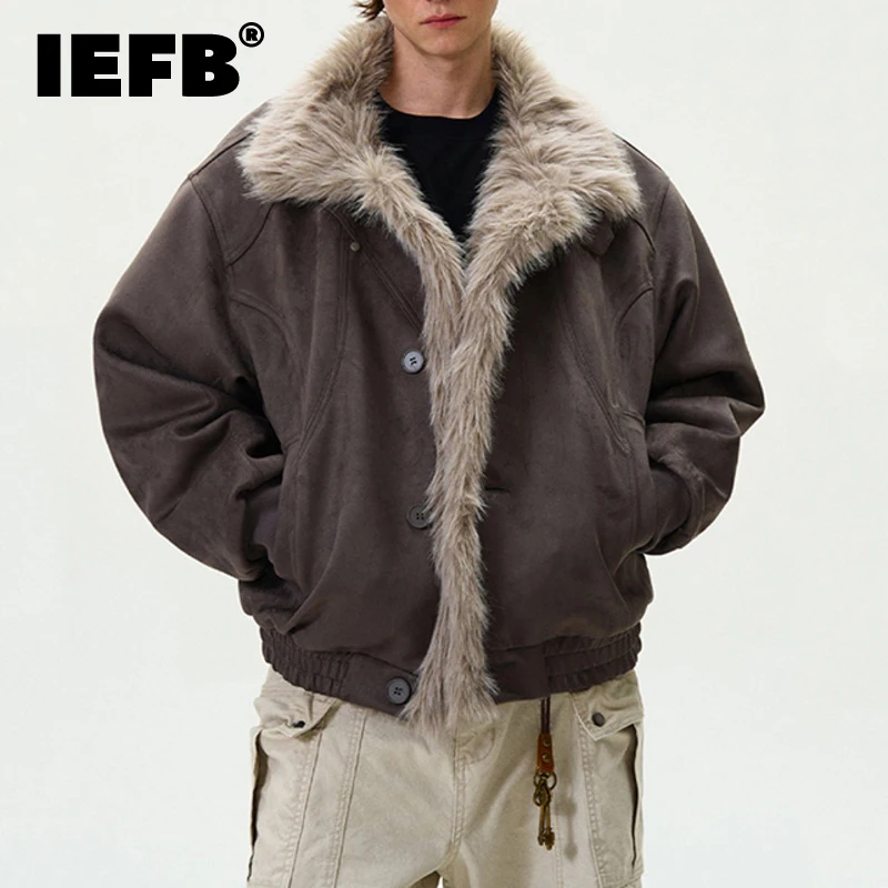 IEFB Niche Design Men's Faux Fur Tops Lapel Solid Color Thickened Padded Jackets Deconstruction Single Breasted Male Coat 9X1148