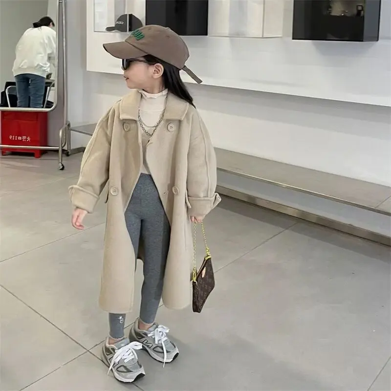 Coat Korean Girls Woolen Cloth Casual Windbreaker Autumn Winter Season New Baby Loose Khaki Simple Button Turn Down Collar