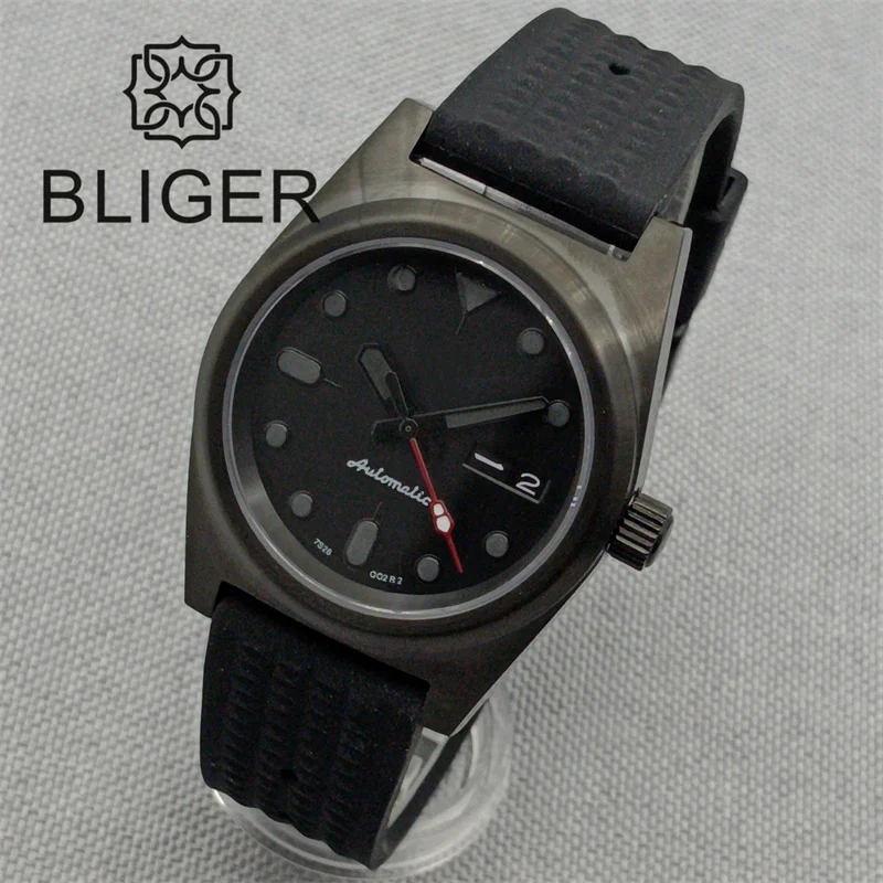 BLIGER 38mm Mechanical Mens Diver Watch Sapphire Glass Japan NH36A Autoamtic 100M Black White Dial Luminous Waffle Rubber Strap