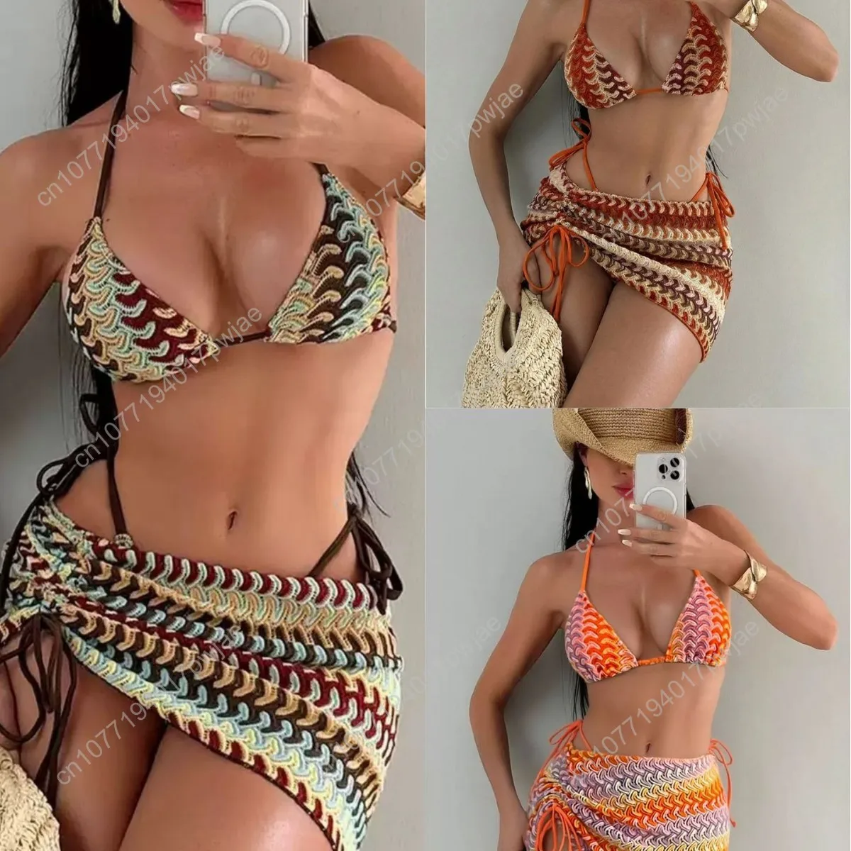 

Sexy & Sassy Three-Piece Bikini Set — Striped, Tie-Strap, Two-Piece Swimwear for Beach Vacations