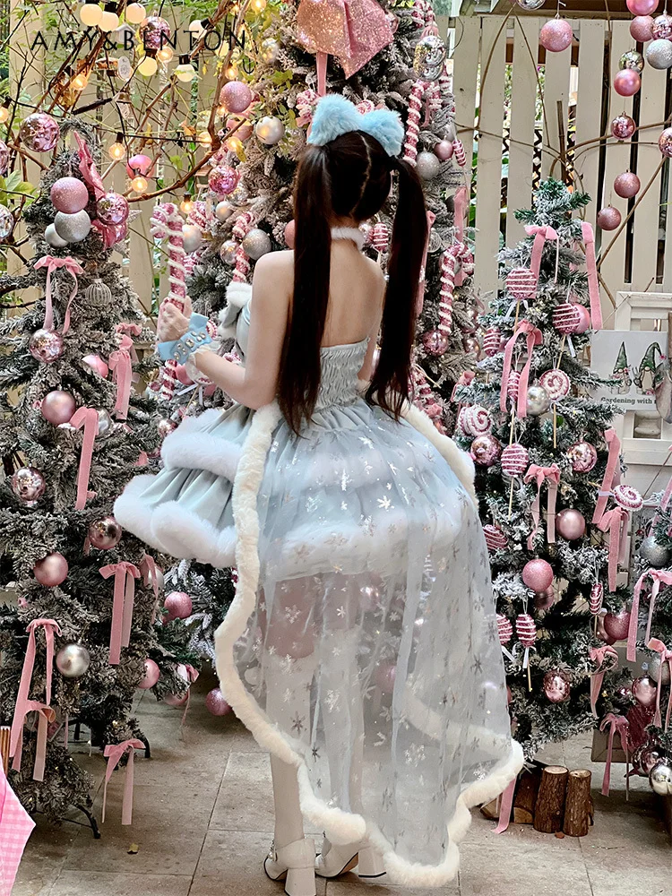 Graceful Elegant Ballet Style Princess Puff Evening Dresses Autumn Winter Off-Shoulder Strapless Plush Multi-Layer Mini Dress