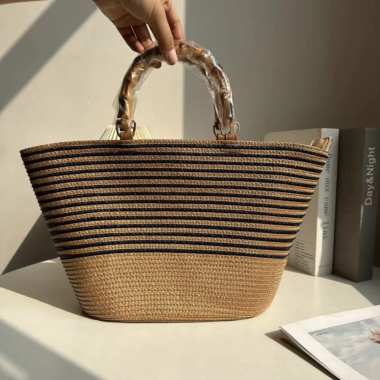 

Bohemian Striped Rattan Bags for Women 2023 Bamboo Handle Basket Handbags Large Woven Straw Beach Bag Travel Tote Bucket Bags