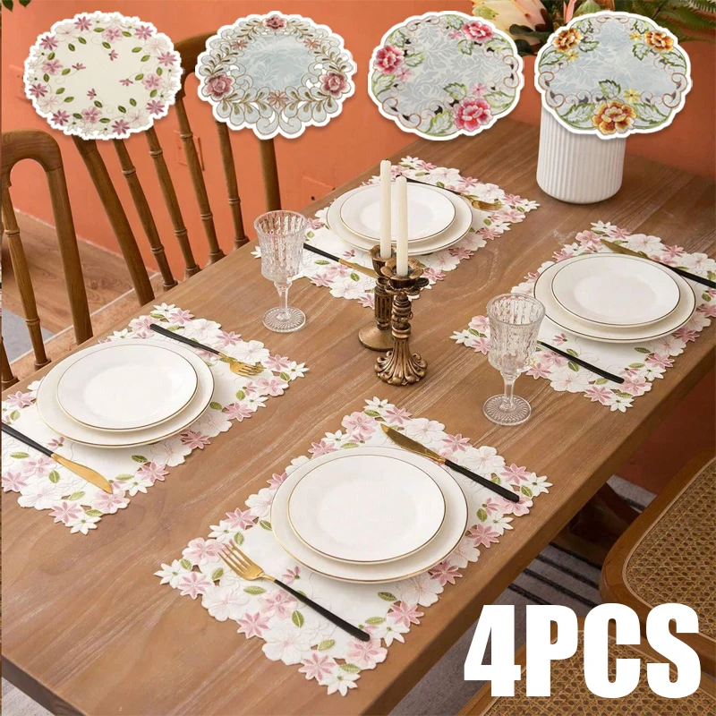 

4PCS/set Round/Rectangle/Oval Rose Flower Embroidery Table Place Mat Pad Cloth Placemat Doily Coffee Tea Coaster Kitchen Cup Pad