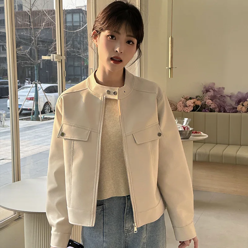 Primavera outono jaqueta de couro das mulheres zíper levante-se roupas curtas jaquetas da motocicleta botão mangas à prova vento roupas femininas