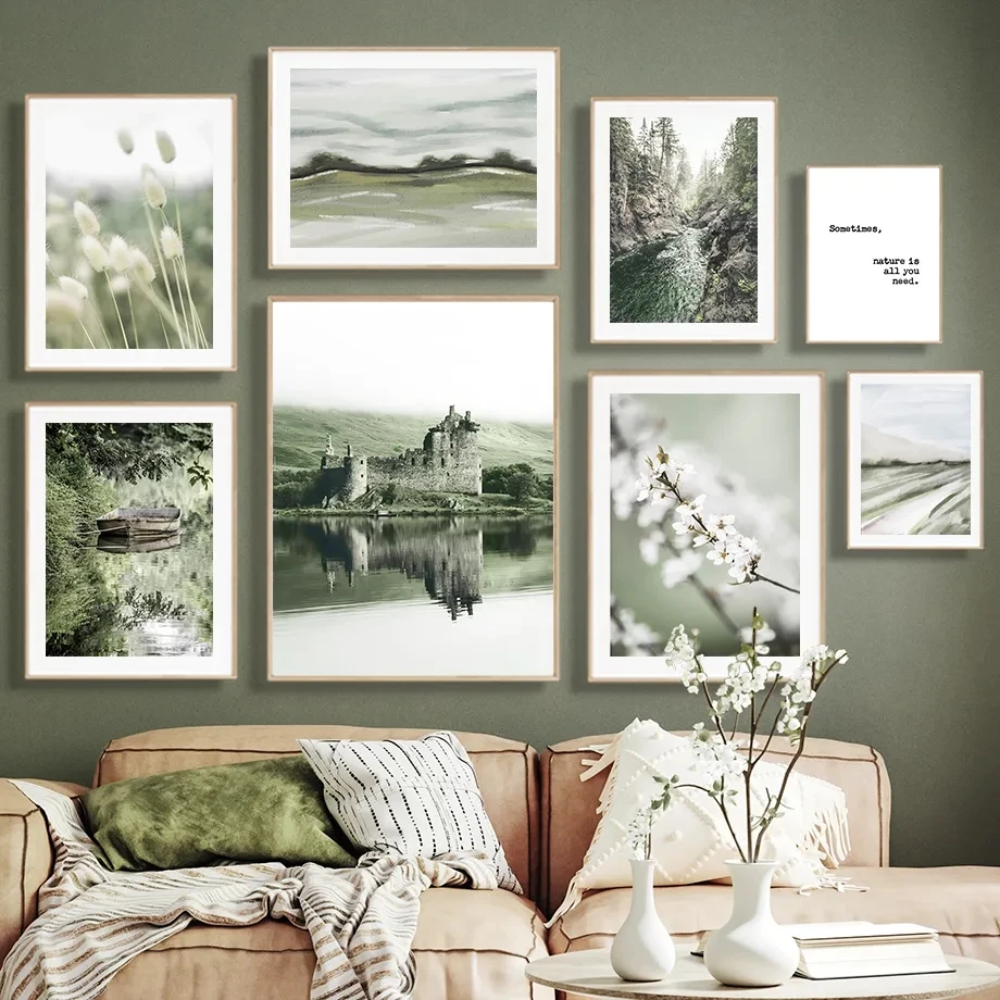 Cuadro de paisaje de río y lago de montaña, cuadro sobre lienzo para pared, póster moderno de flor de hoja verde e impresión