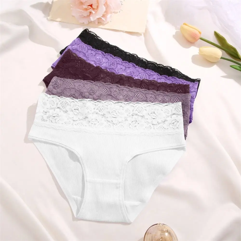 

Fashion Mesh Lace Briefs Underpants Solid Color Low-Waist Panties Lingerie Flower Women's Cotton Briefs Gifts