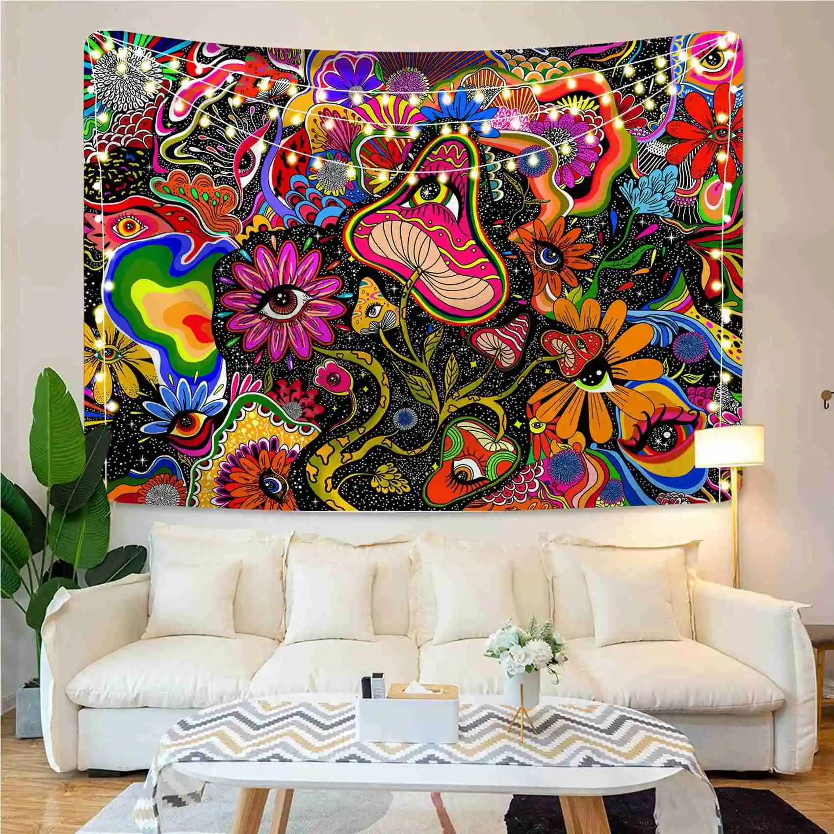 Mushroom Tapestry Trippy Wall Tapestry Psychedelic Eyes Tapestry Colorful Flowers Wall Hanging Hippy Tapestry for Home