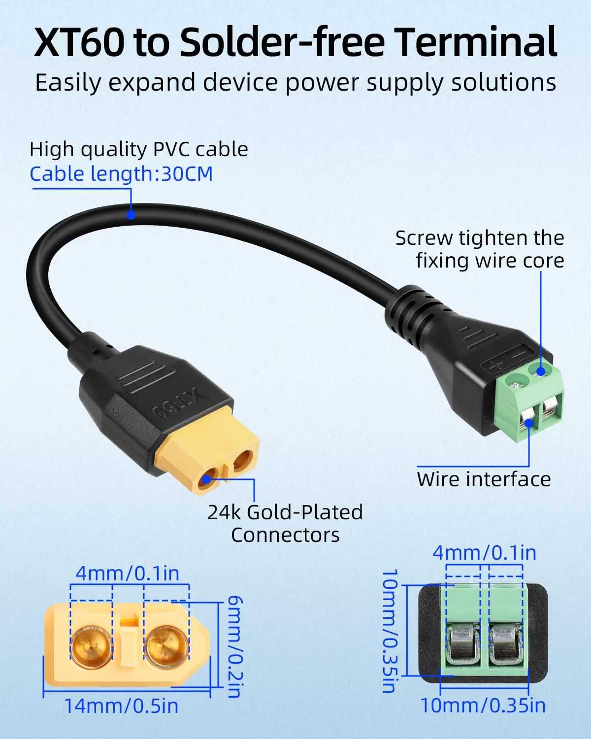 

XT60 to 2pin Terminal Adapter Cable Solderless XT60 Connector Cord for Portable Power Station,Drone,Solar Panel,Balance Charger
