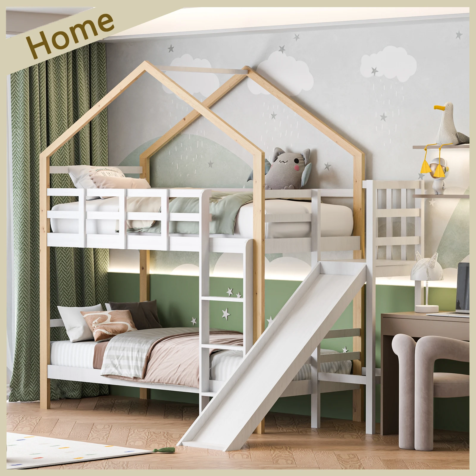 Bunk Bed with Stairs and Slide, Pine Wood Frame with Safety Guard Rails for Boys and Girls, 90x200cm, White ﻿