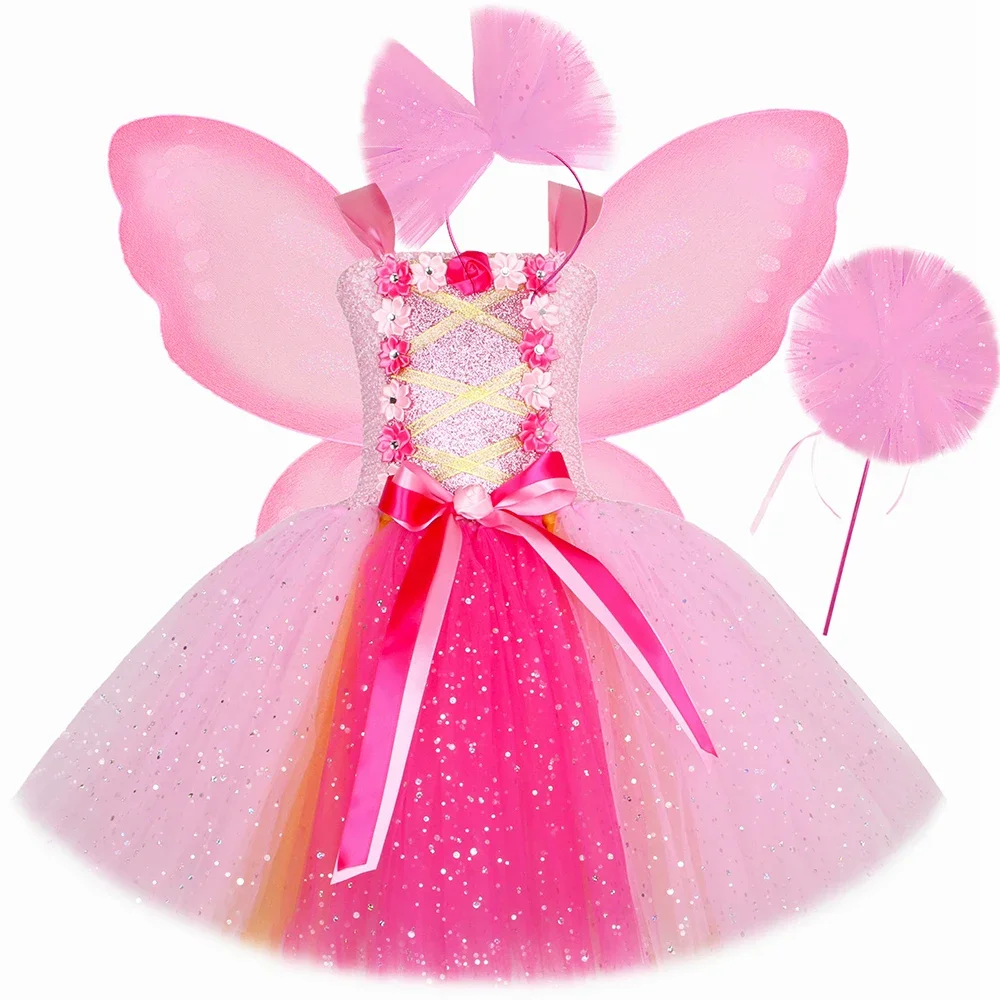 

Блестящее розовое платье-пачка для девочек, бальное платье, детские платья принцессы из тюля с цветами для девочек, Детский костюм для Хэллоуина, дня рождения