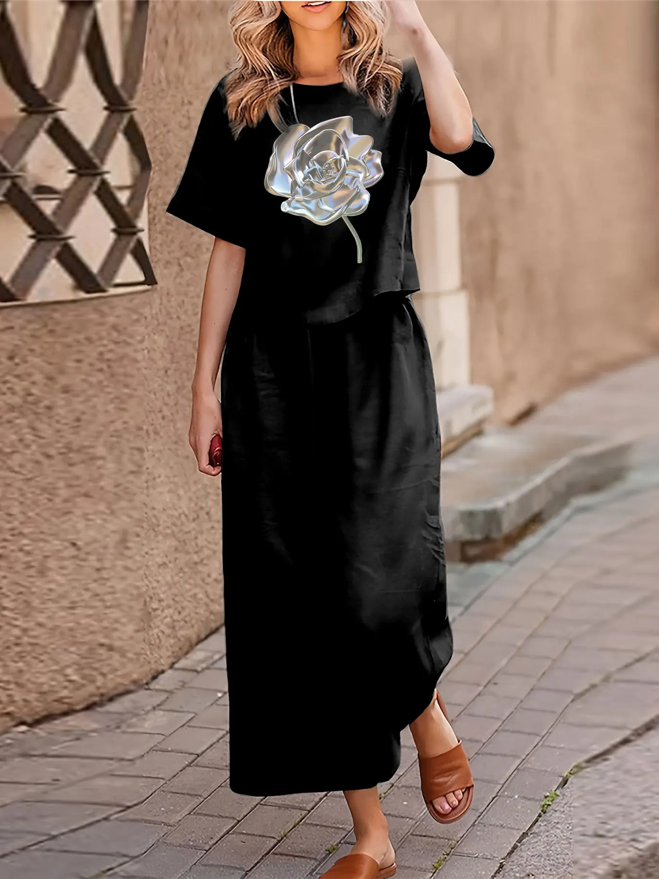 

Женский повседневный комплект из двух предметов больших размеров, футболка с короткими рукавами и принтом, брюки, комплект из двух предметов, свободный круглый вырез