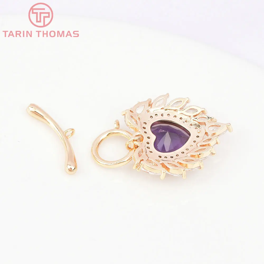 (3129)  24K Gold Color Plated Brass with Zircon Heart Bracelet O Toggle Clasps High Quality Jewelry Making Findings Accessories