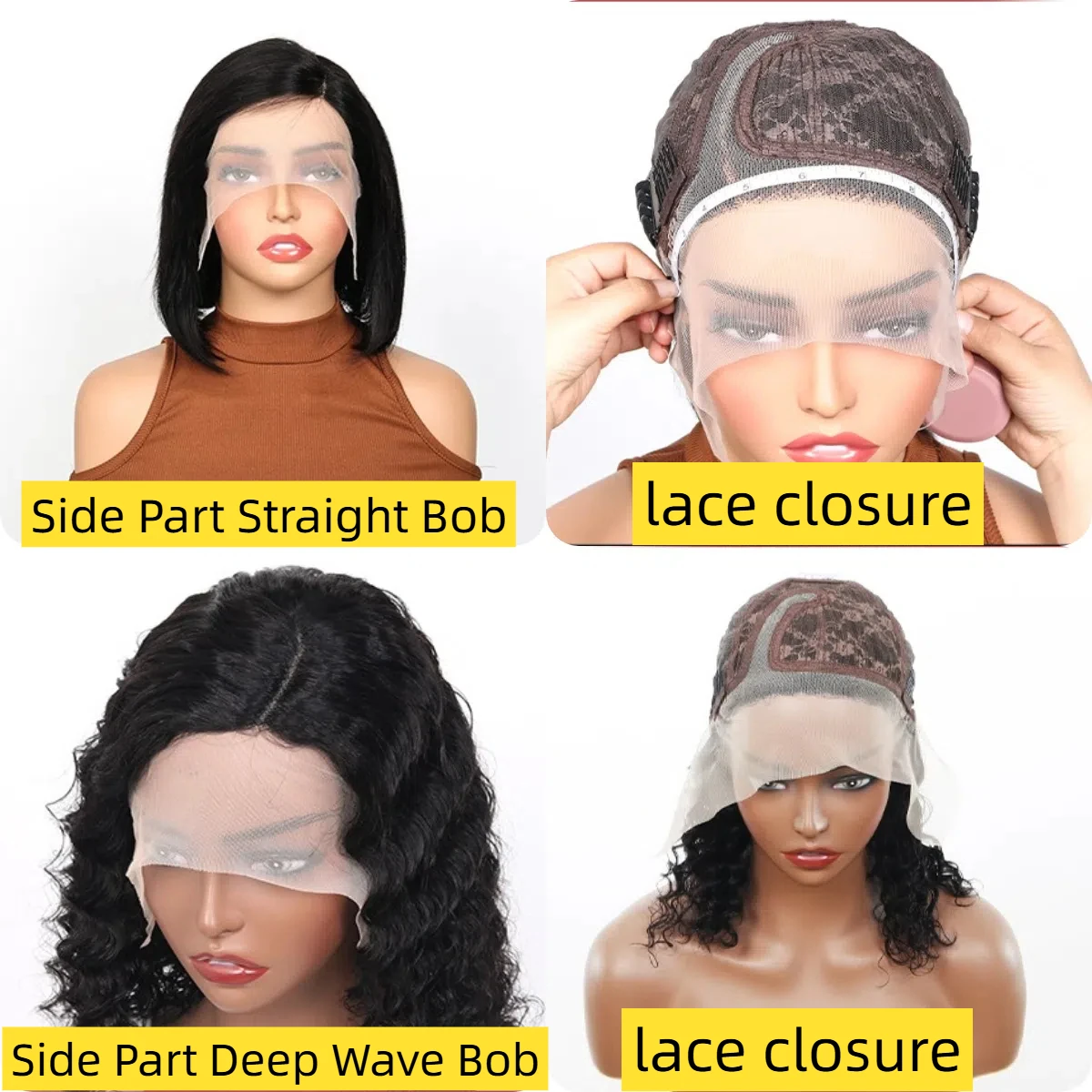Perruque Bob Lace Front Wig naturelle péruvienne, cheveux courts, Deep Wave, 13x4, pre-plucked, partie en T, 180%, pour femmes