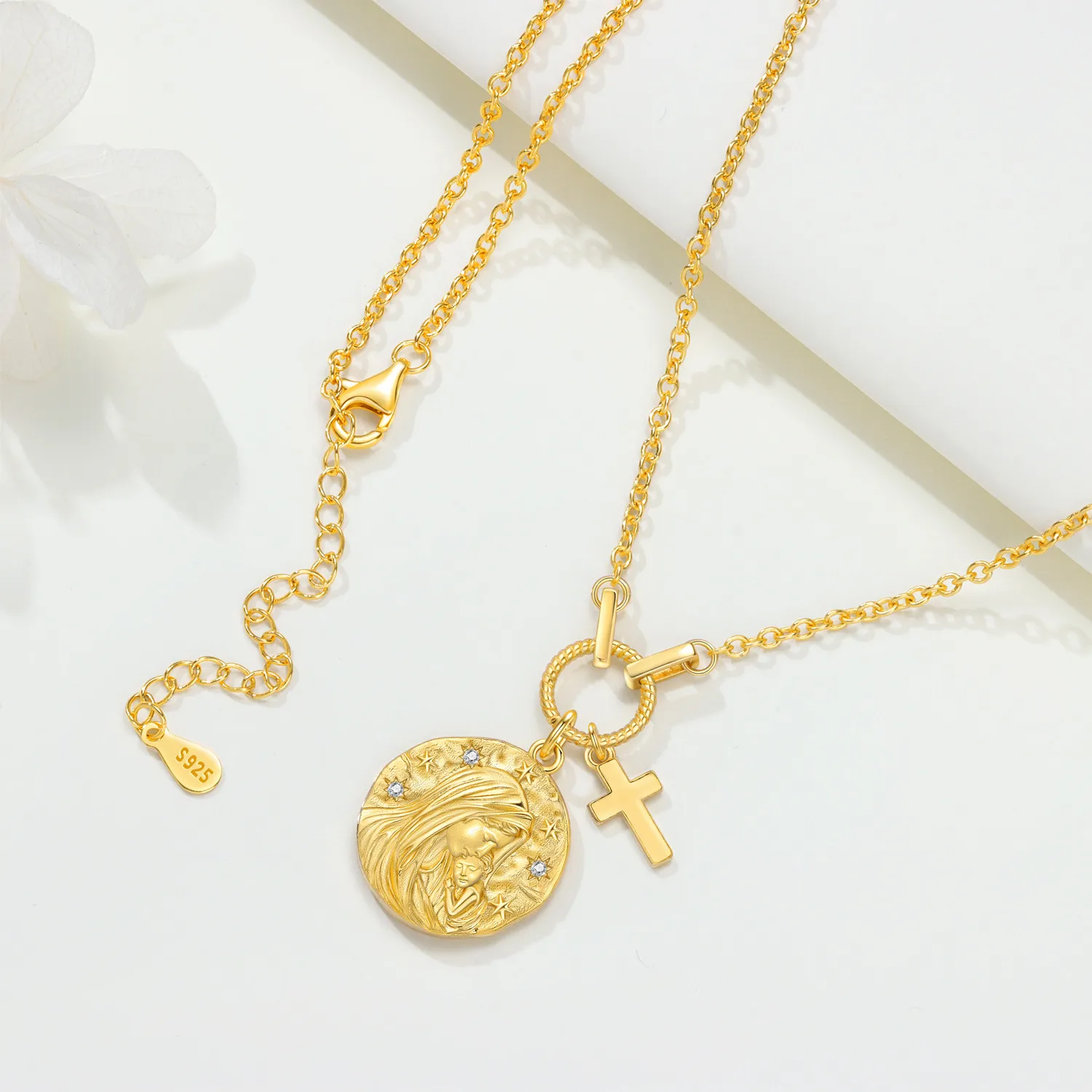 PANPOKI 925 Sterling Silver The cross of the Virgin Mary Religious Symbol Necklace Pendant  Women Birthday Gifts Jewelry