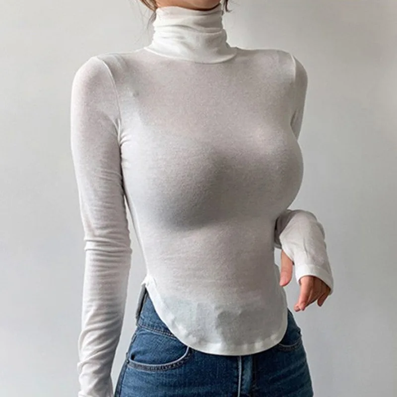 Finger Fit Design Shirt Turtleneck Skinny Slimming Curved Hem Long Sleeve Bottoming Shirt Stretch Cotton Flattering Big Chest Sp