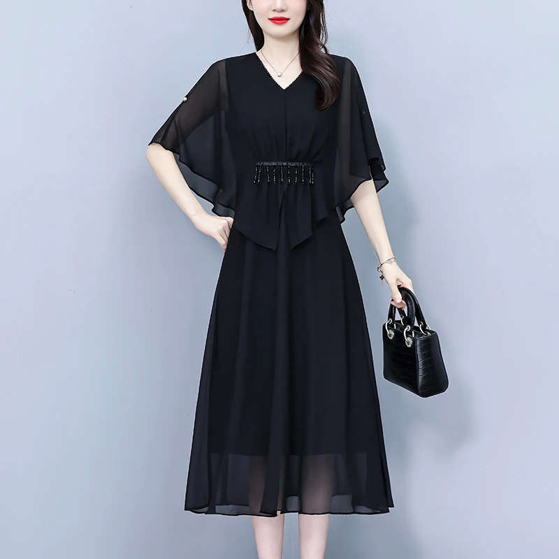 

Summer Dress 2025 New High End V-Neck Short Sleeved Chiffon Dresses Fashion Casual Ruffles Solid Color Black Vestidos