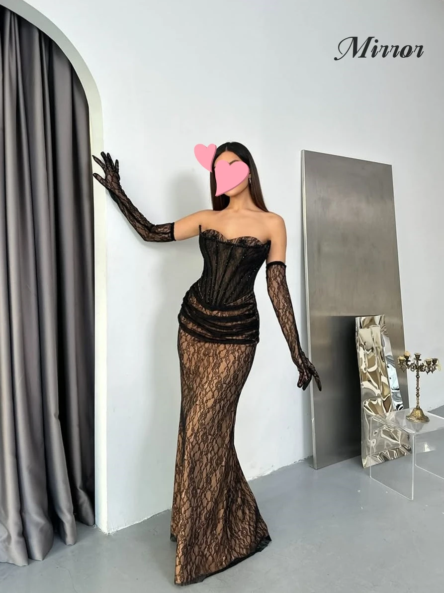 Mirror Dress Elegant Vintage Sexy Black Lace Stylish New Mermaid Gloves Customize Formal Occasion Prom Dress Evening Party Gowns