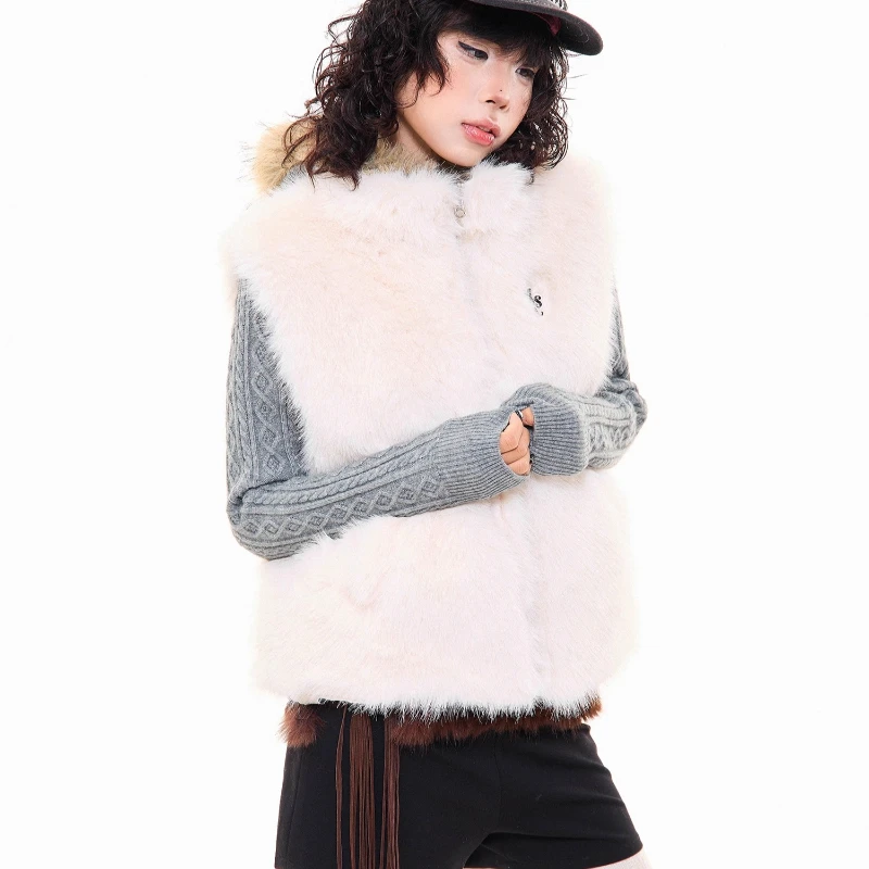 الفرنسية الرجعية الأبيض البولكا نقطة فو الفراء عكسها المرأة صدرية 2025 الخريف الشتاء جديد الحلو كول تنوعا سترة دافئة السيدات #6