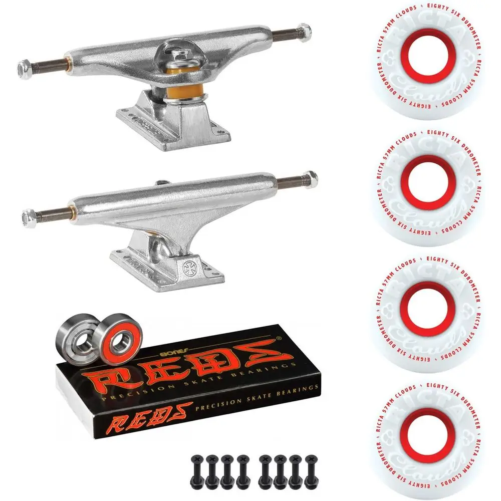 

Independent Skateboard Trucks Package with Stage 11 Trucks, Ricta Clouds Soft 57mm 86A Wheels, Bones Reds Bearings and 1" Hardwa