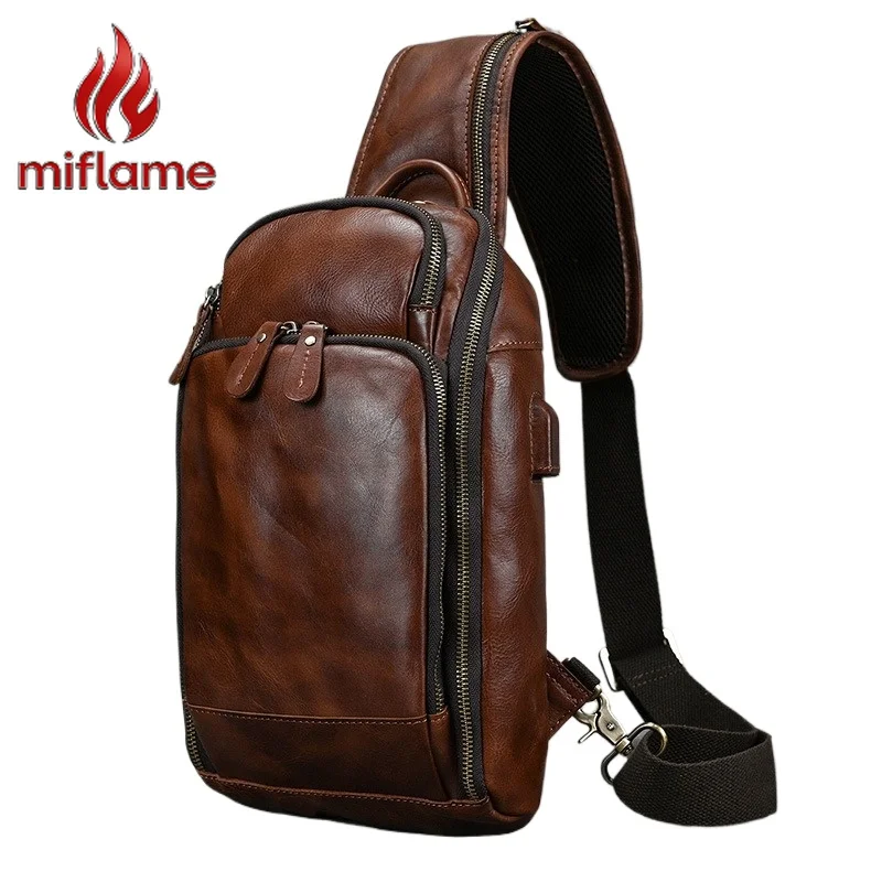 

Men's Genuine Leather Chest Bag Sling with USB Charging Port Large Capacity for Outdoor Sports Travel Hiking Casual