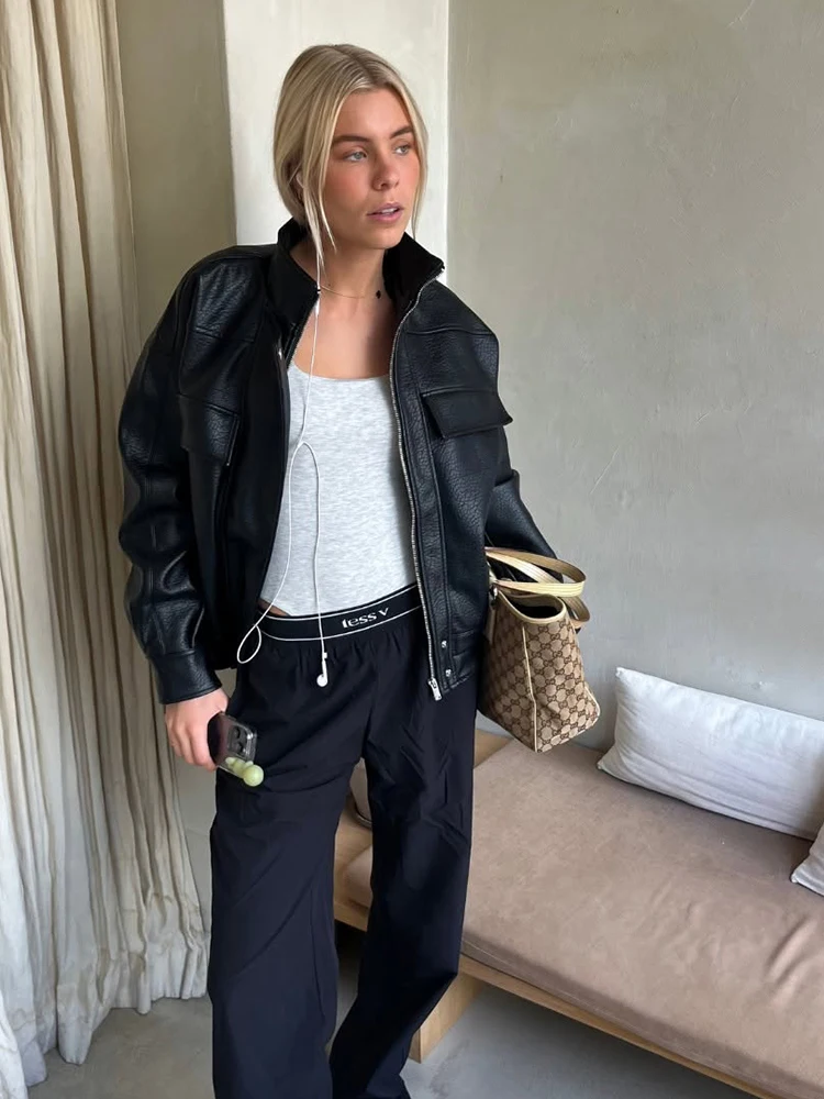 Chaqueta corta de cuero negra Retro para mujer, chaquetas holgadas de manga larga con cuello levantado y cremallera, prendas de vestir para ir al trabajo diario