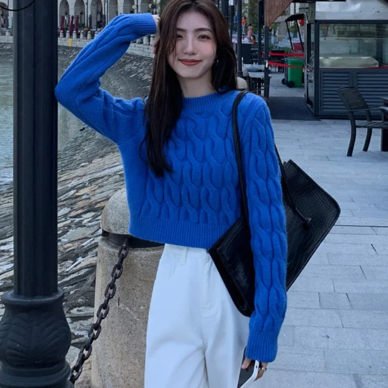 DAYIFUN-Monochrome Short Twist Sweater Women Korean High Waist Knit Pullovers All-match Bottoming Jumpers Top Autumn Winter 2023