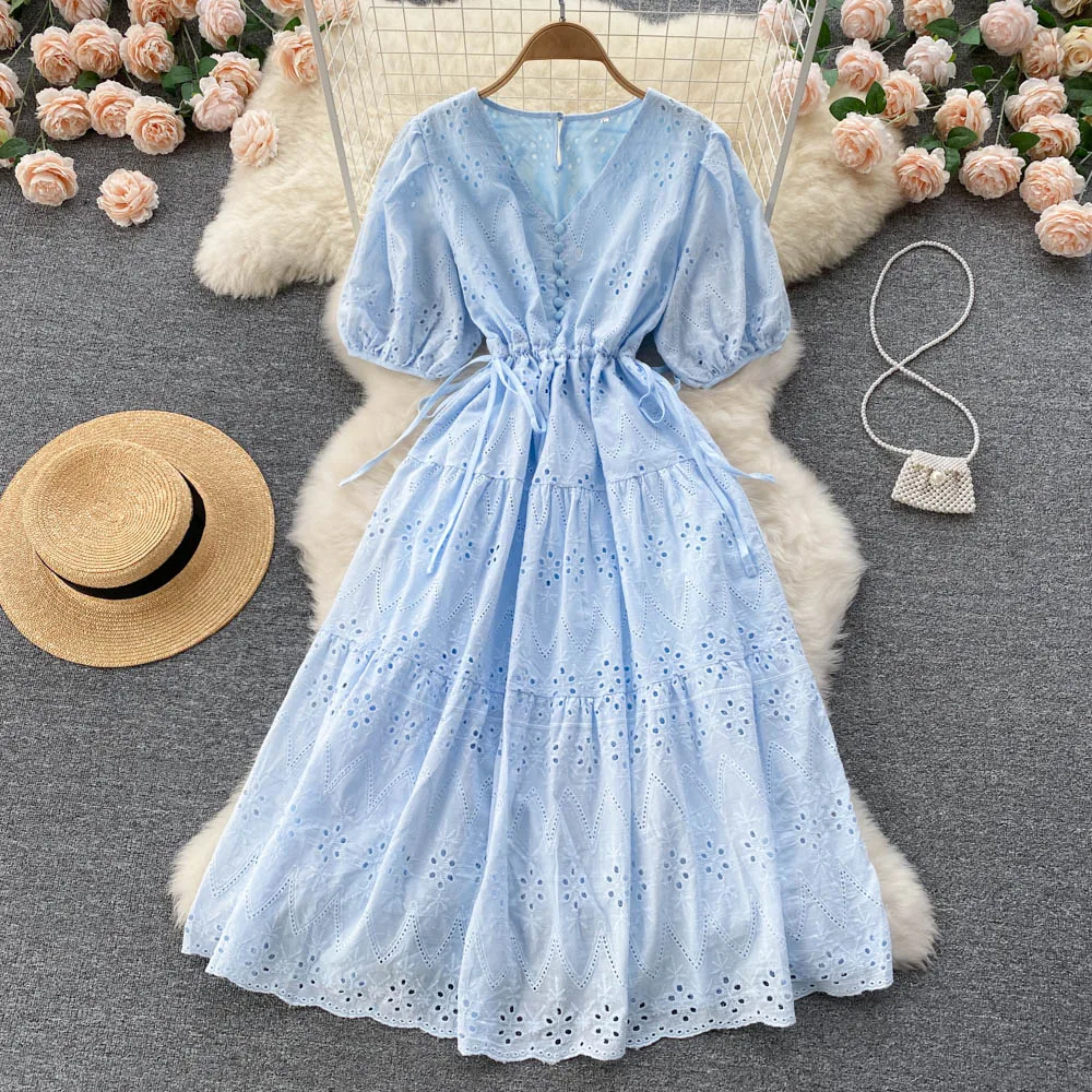 

Summer New Sweet College Style Artistic Simple Short Sleeves Printing Dress Mid-Length First Love Skirt