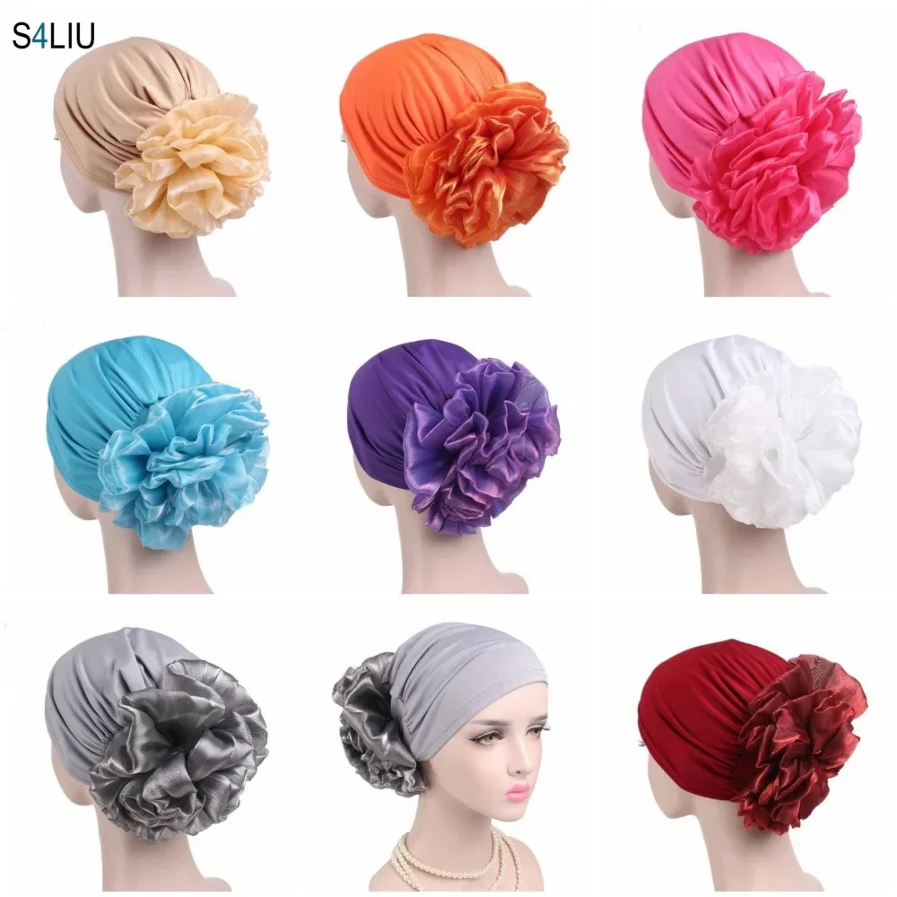 Muslim Bandanas Islamic Turbante Cap Flower Elastic Bandanas Turban Women Chemo Cap Hair Loss Beanie Hat Prayer Hat Fashion New