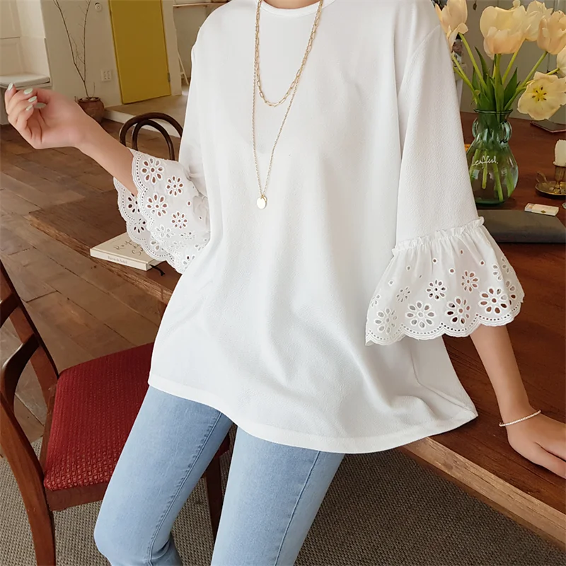 

Sweet Japanese Sle Lace Trim Splice Bell Sve T irt Women's Spring Summer Loose Casual Versatile Top round Ne Seven S...