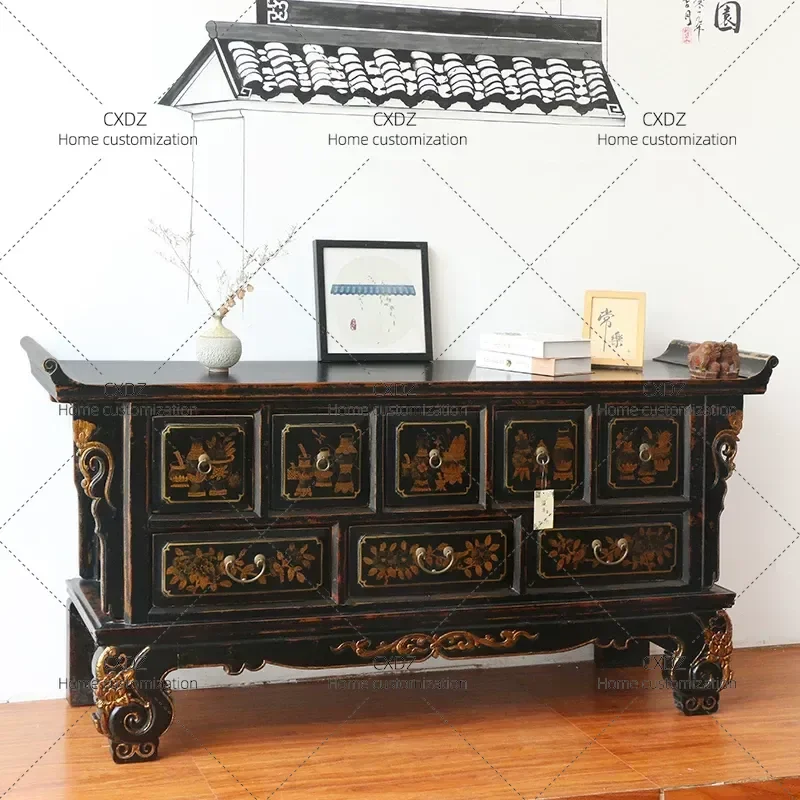 New Chinese Style Neoclassical Solid Wood Chaozhou Gold Paint Hand Painted Warped Head Console Table Retro Entryway Hall