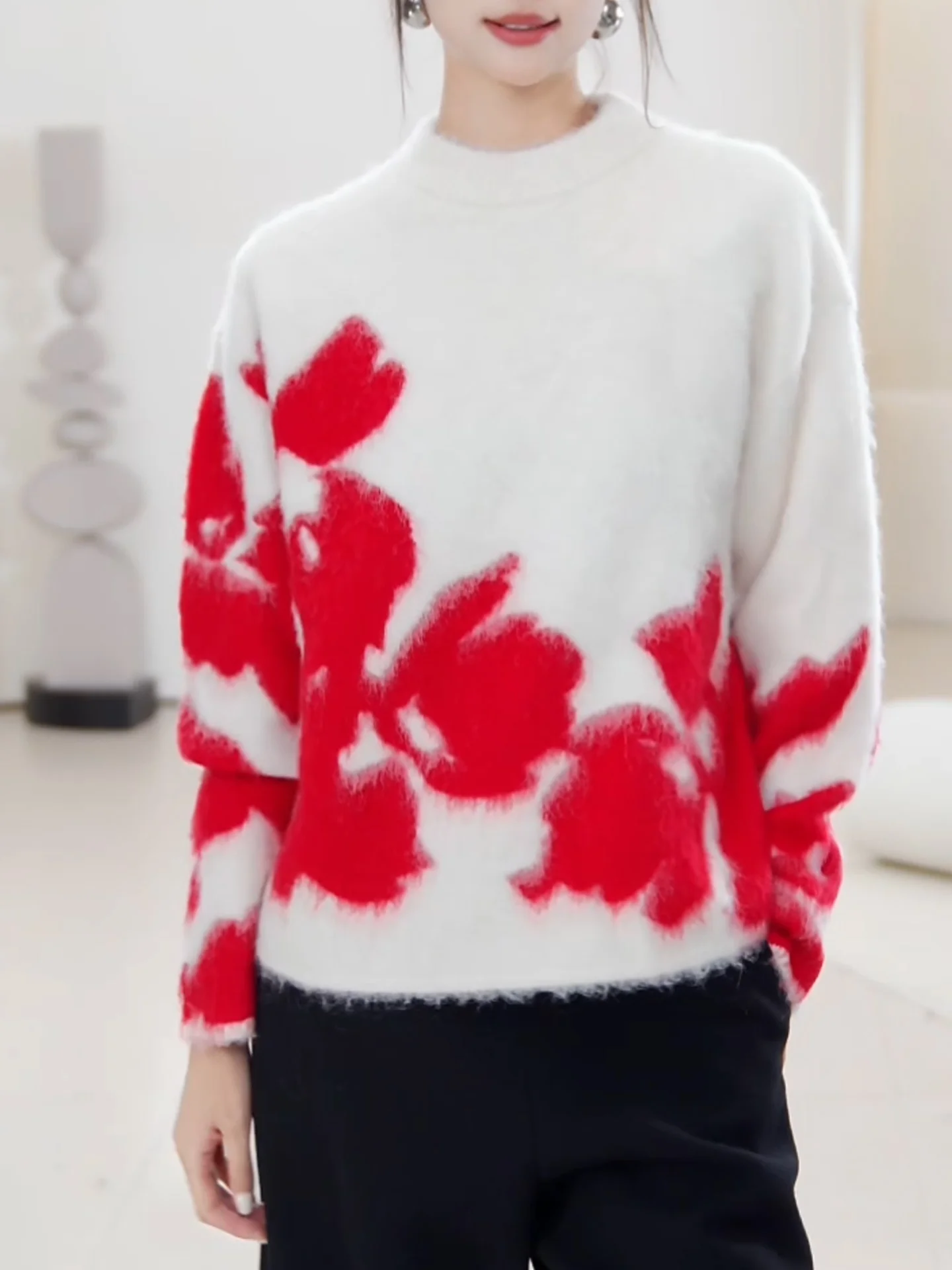 

2025 New Red Knitted Long Sve round Ne Plu Loose Faionable Knitted Sweater Women's Comfortable Lazy Sle Camere Top