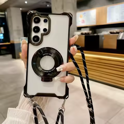 Four Corner Strap Case For Samsung Galaxy S24 Ultra S22 S21 FE S25 S23 Plus A15 Magnetic Magsafe Stand Crossbody Lanyard Cover