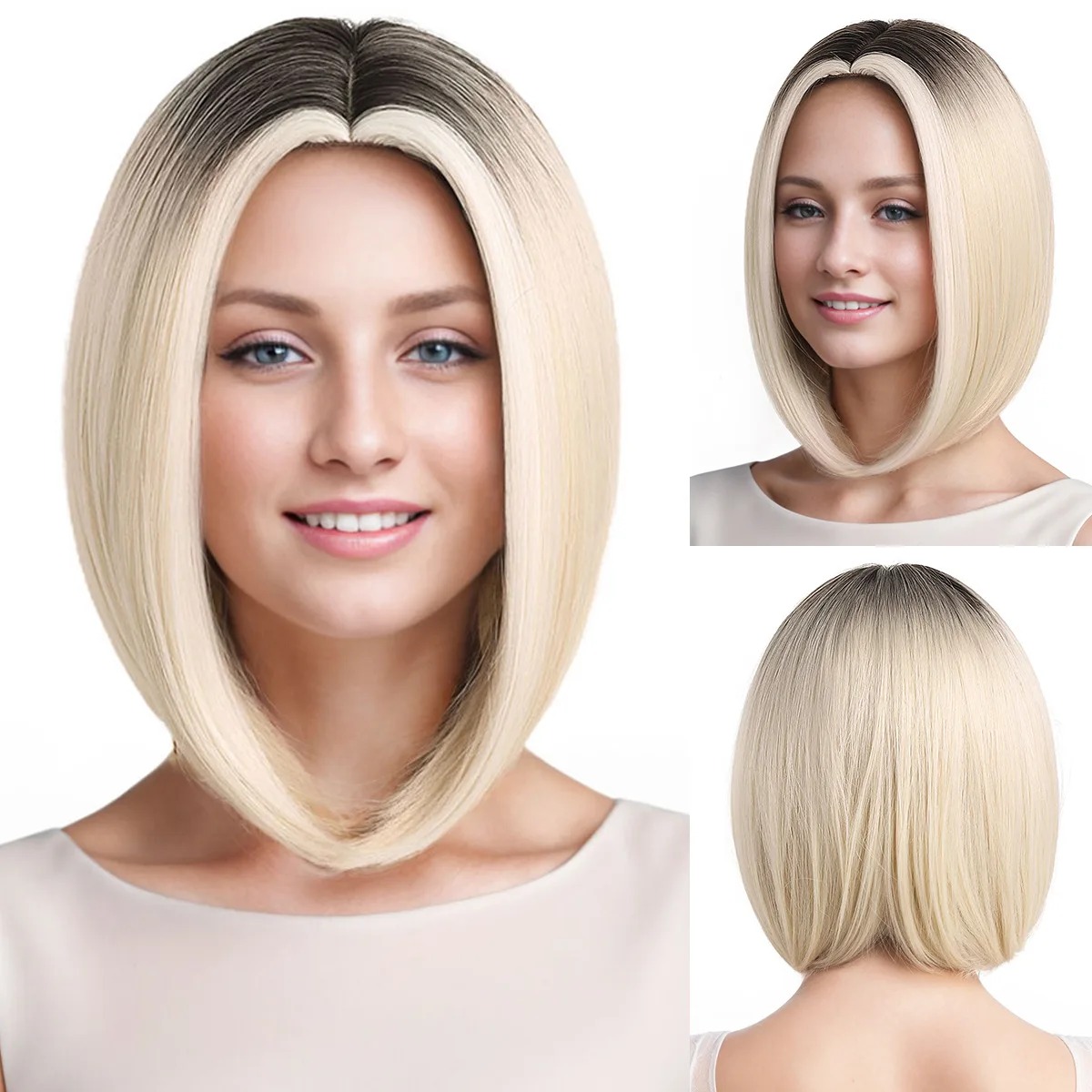 

European and American women's middle part wig with dyed hair on top and clavicle length; short synthetic wig with gradient color
