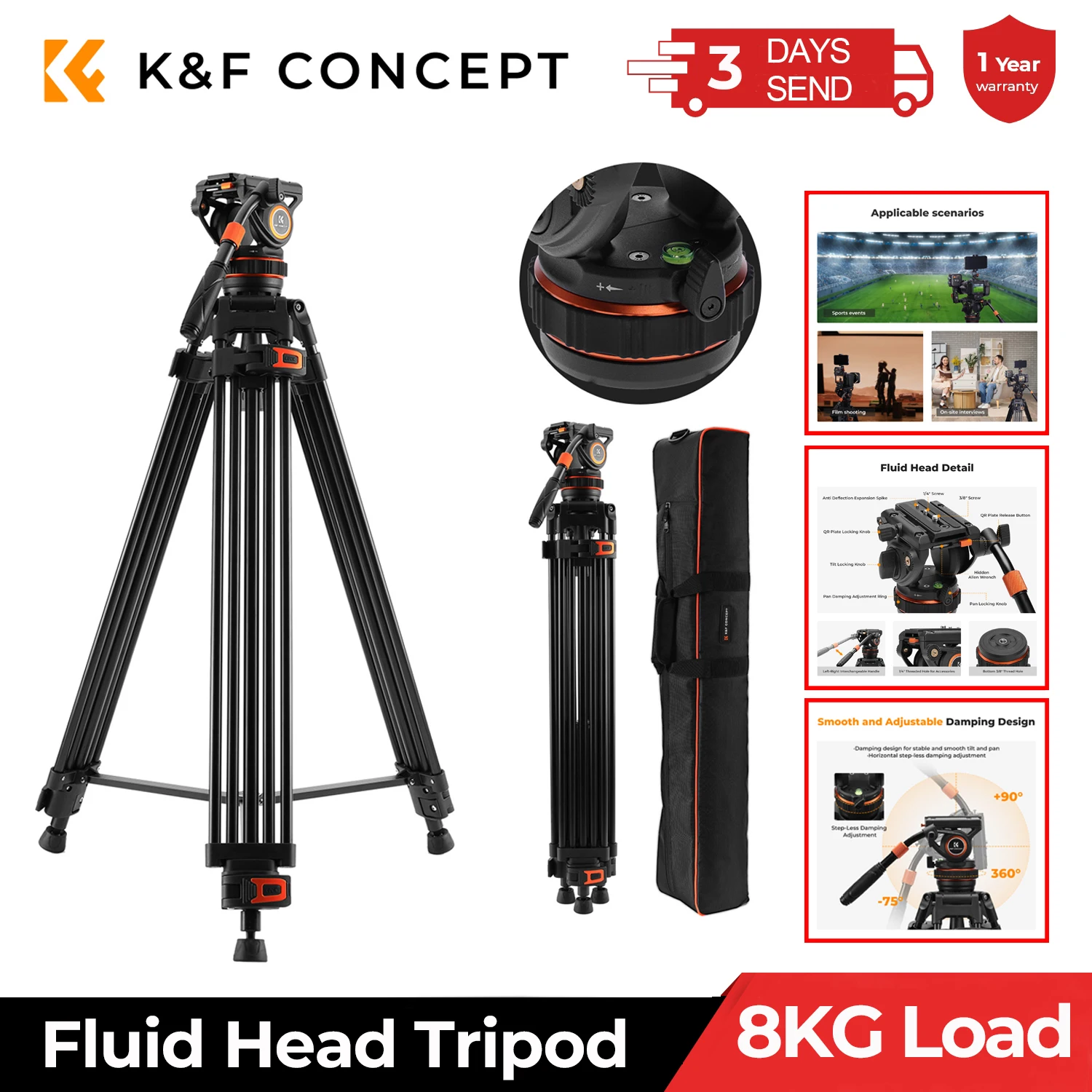 

K&F CONCEPT 17.6lbs/8KG Load Capacity Camera Fluid Head Tripod Max Height 1.91m Hydraulic Video Tripods for Nikon Canon VA3+BV10