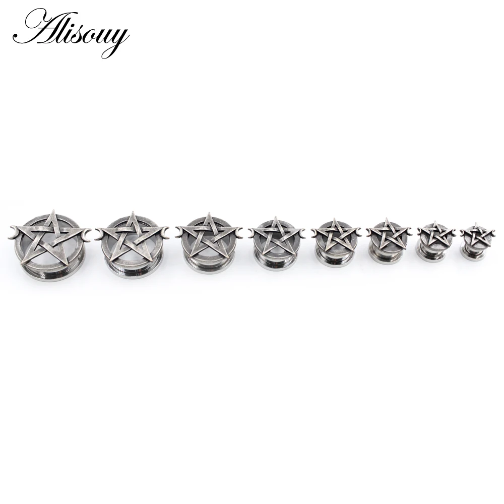 Alisouy 2pcs 8mm-25mm Punk Stainless Steel Star Moon Unscrew Ear Tunnels Plugs Expander Stretcher Gauges Body Piercing Jewelry