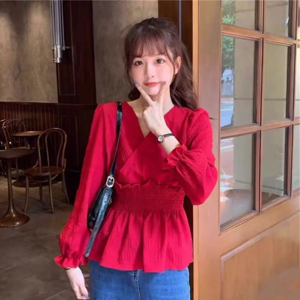 Fashion V-neck Chiffon Thin Shirt Slim Fit Solid Color Chiffon T Shirt Women Ruffled Edge Long Sleeve Ladies Tops Streetwear