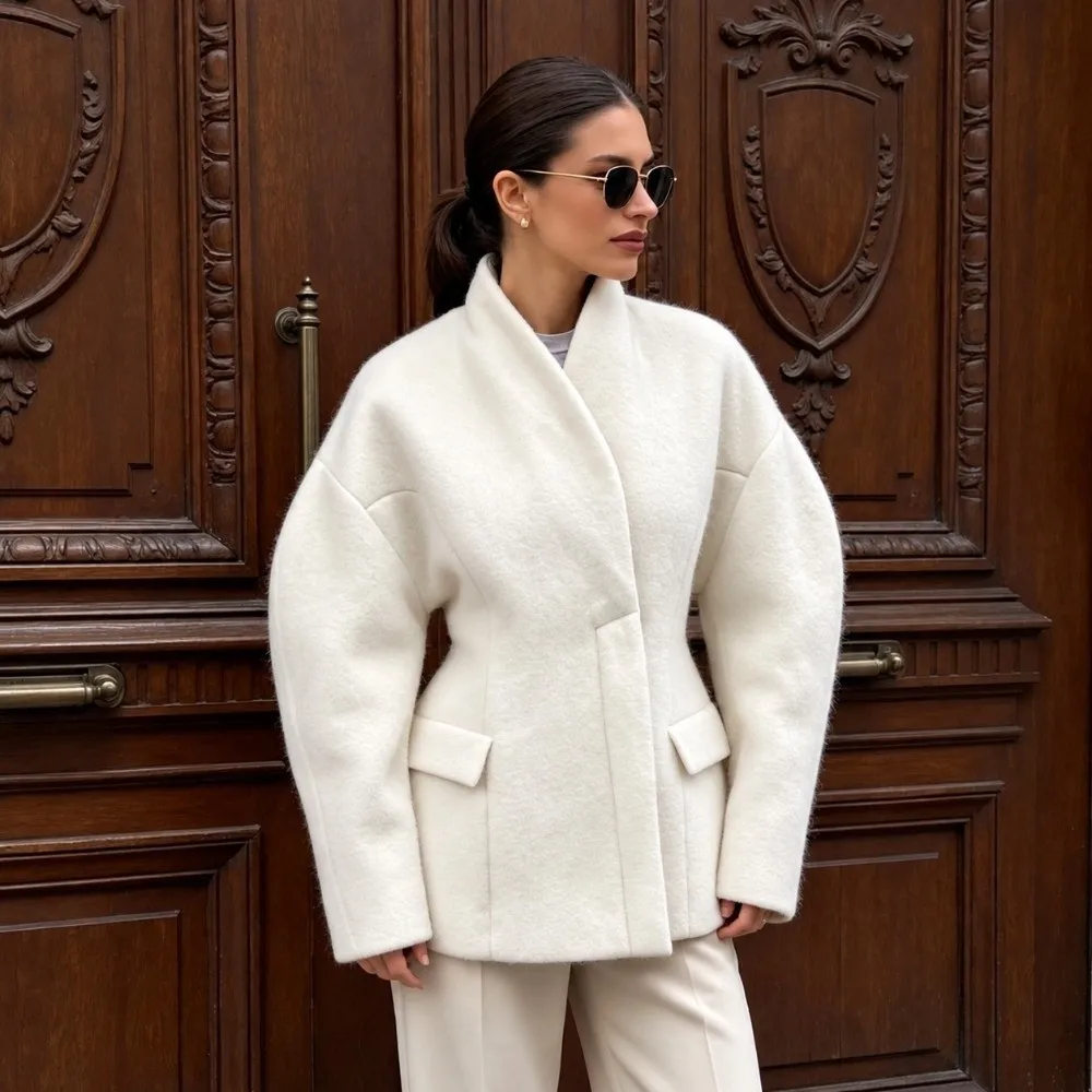 New Short Length Women Short Wool Coat Fitted Waist Bubble Sleeve Wrap Neck Overcoat Bubble Sleeve Outerwear Weekend Dating