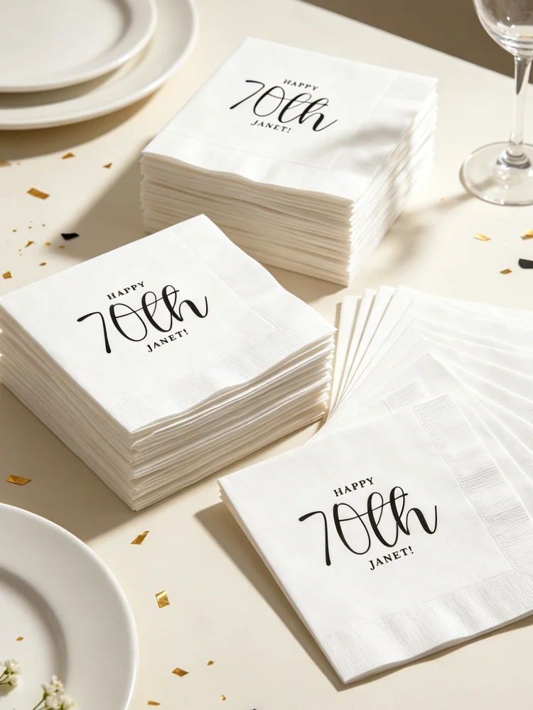 Custom Hello 70 Birthday Party Napkins Personalized with Any Age, Cocktail Luncheon Size, Decor for Bar, Candy Buffet and Sweets