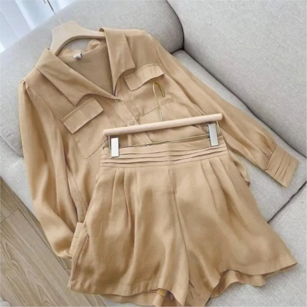 Spring Summer Solid Shorts Set Women Simple Casual Style Long Sleeve Single-breasted Shirts Tops & Shorts Two Piece Sets 2024