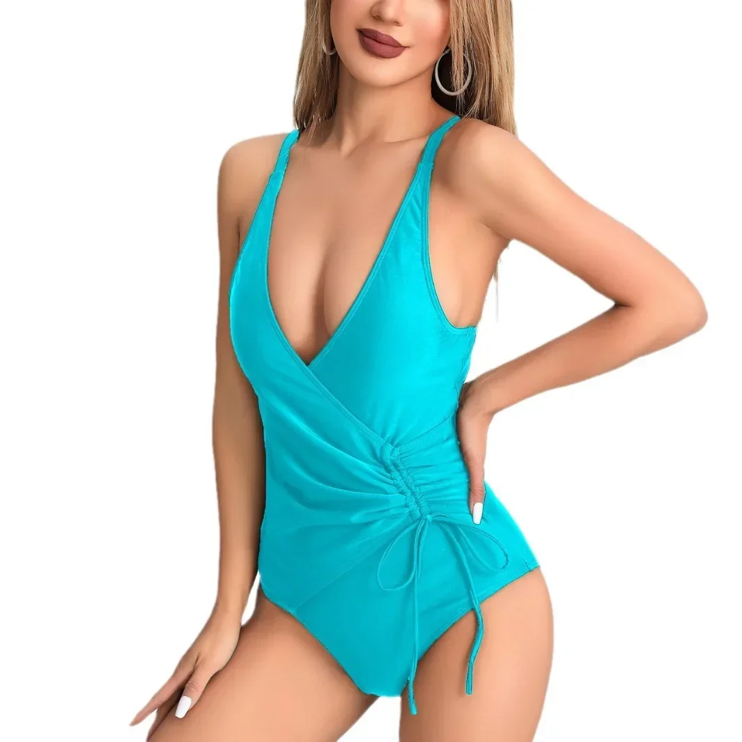 2025 แฟชั่นชุดว่ายน้ําใหม่สําหรับผู้หญิง Blue One Piece ชุดว่ายน้ําหญิง Solid Slimming สีดํา Beachwear Bathers ชุดว่ายน้ํา