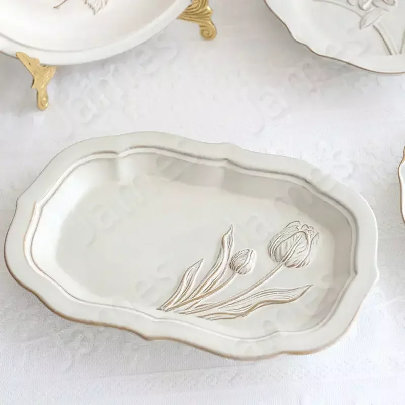 Vintage Style Dinner Plate Tulip Relief Ceramic Plates Steak Pasta Dishes Cake Dessert Salad Tableware Set Household Use Plates